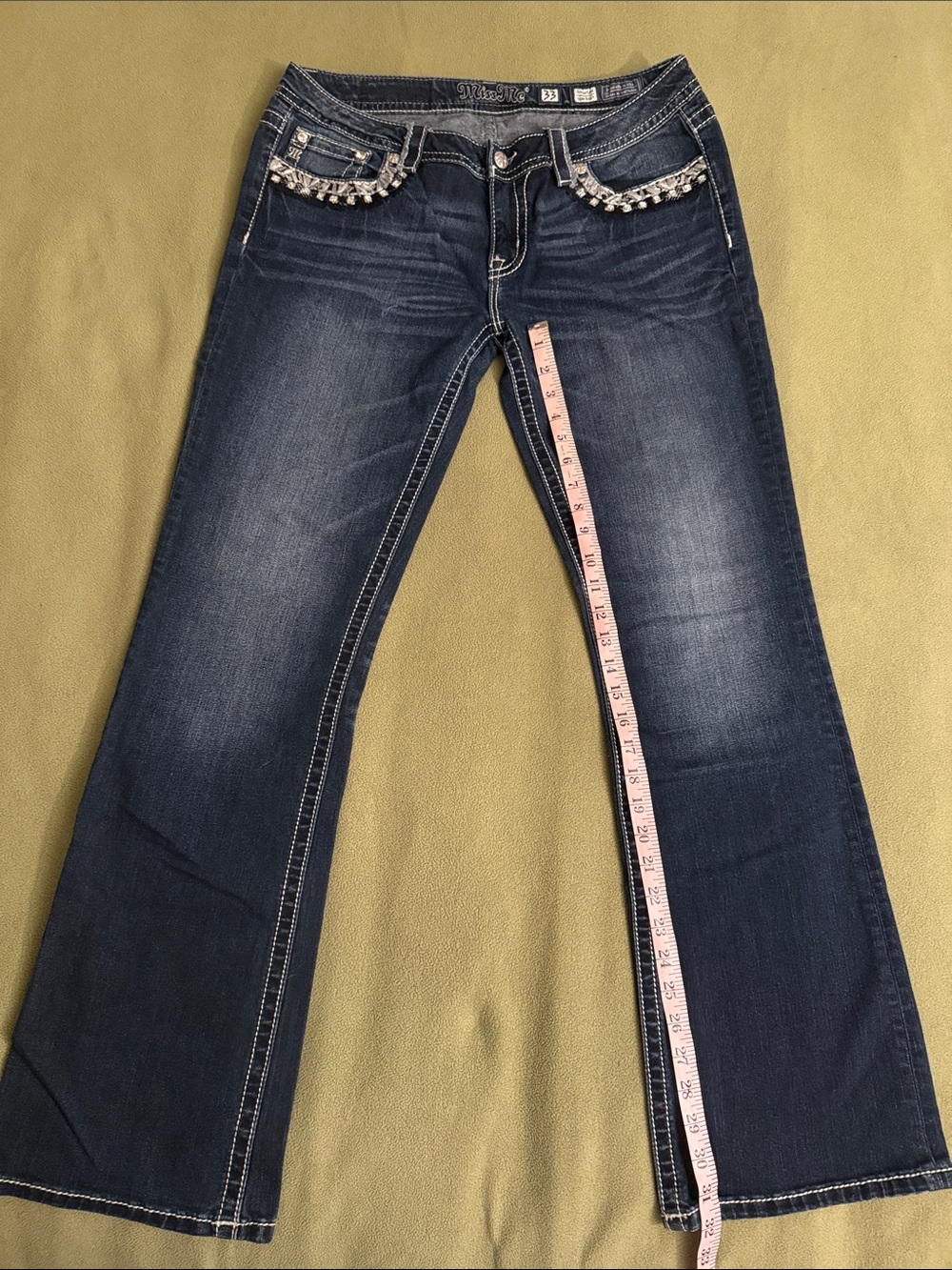 Miss Me Dark Blue Bootcut Jeans with Rhinestone Pocket Trim